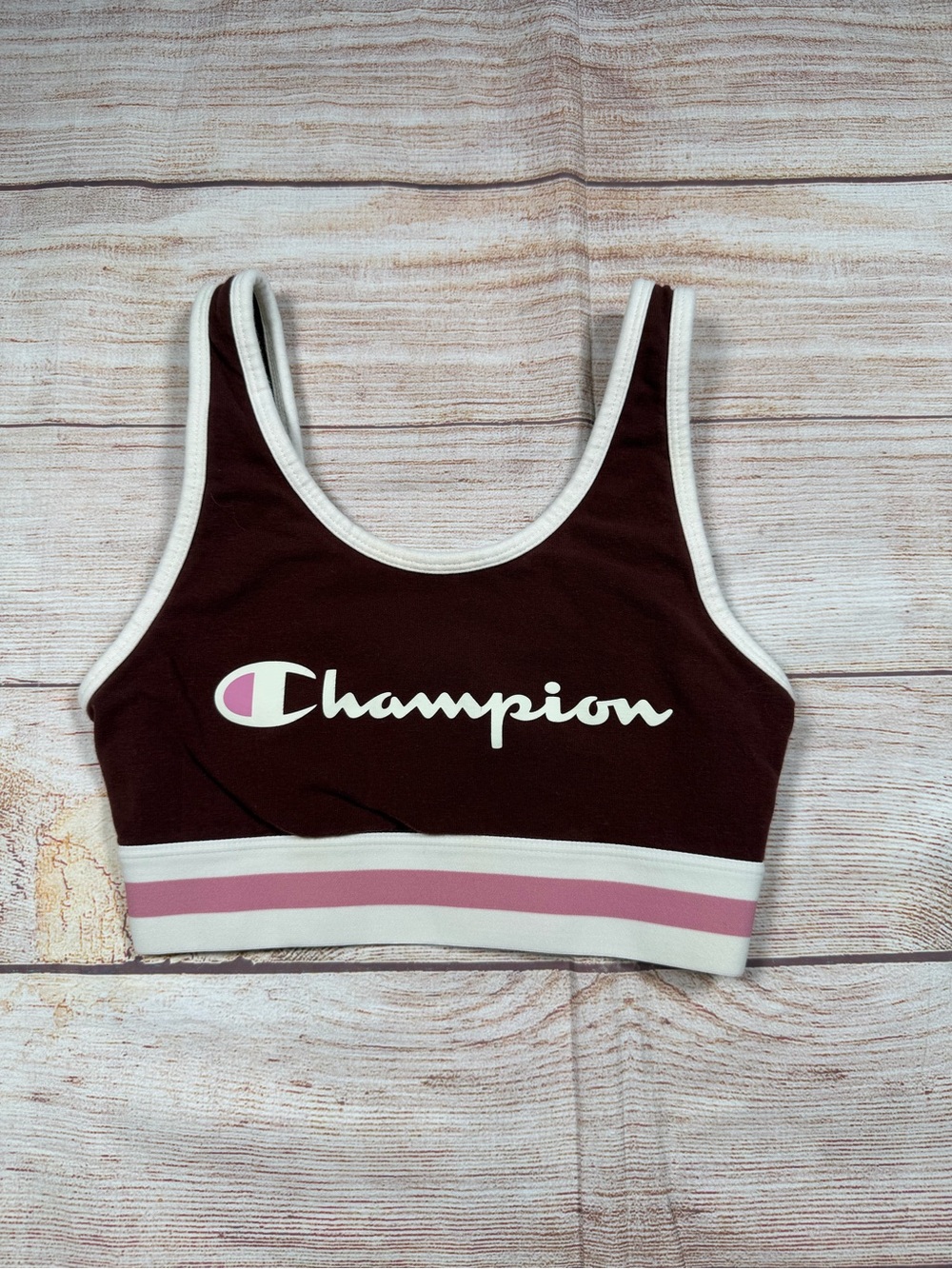 Champion Women's Iconic Bra Top‎ Y2K Crop Sports Bra with Pink Stripe